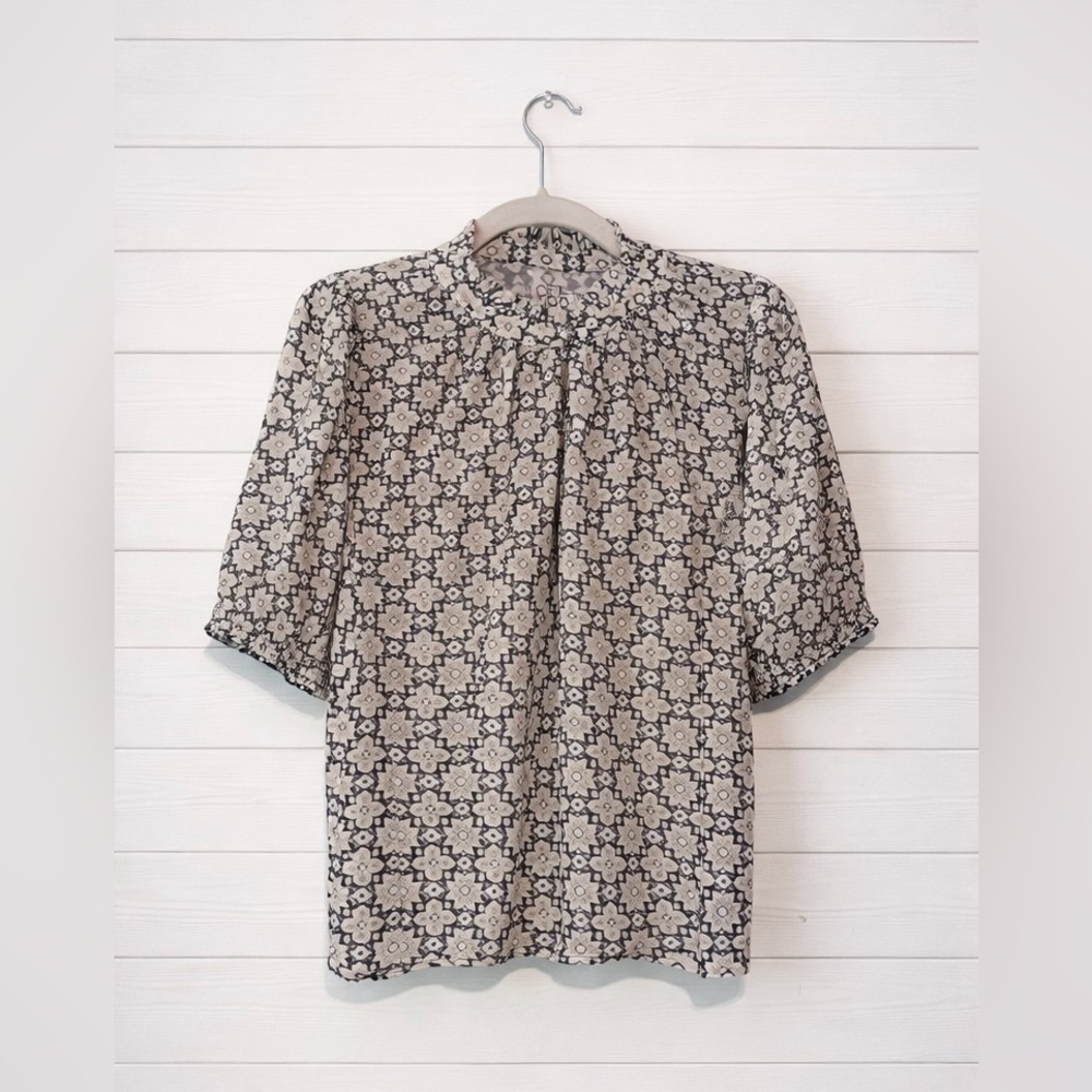 LOFT Black and White Floral Geometric Blouse
